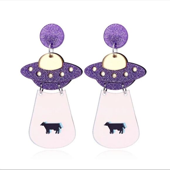 Jewelry - Unique & Quirky UFO Acrylic Earrings Purple Cow Abduction